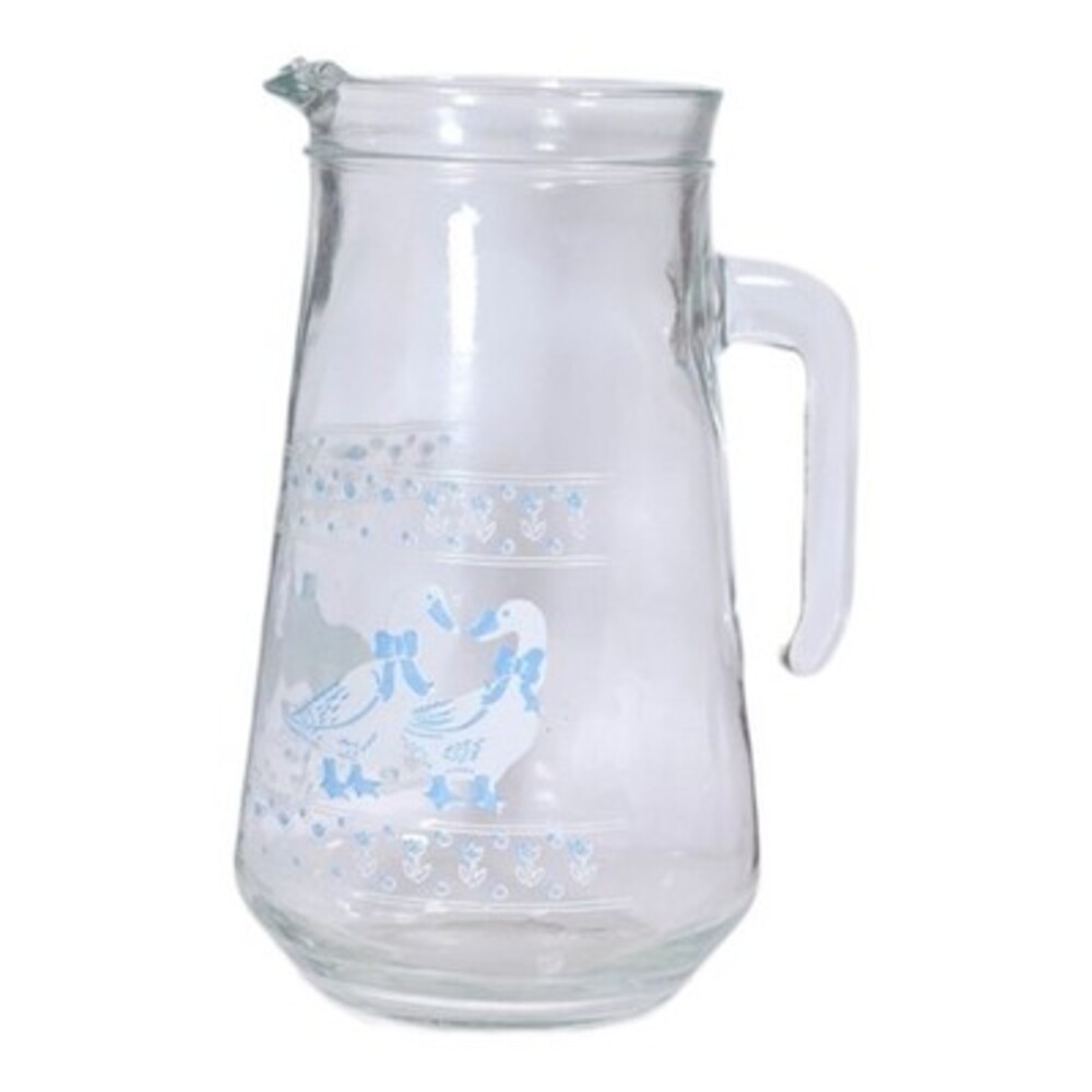 Vintage Country Goose Glass Pitcher Blue Ribbon 90s Clear Handled Jug 2 Quart